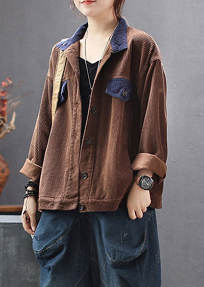 Chocolate Stand Collar Patchwork Corduroy Coats Spring