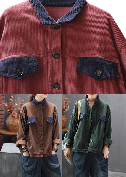 Chocolate Stand Collar Patchwork Corduroy Coats Spring