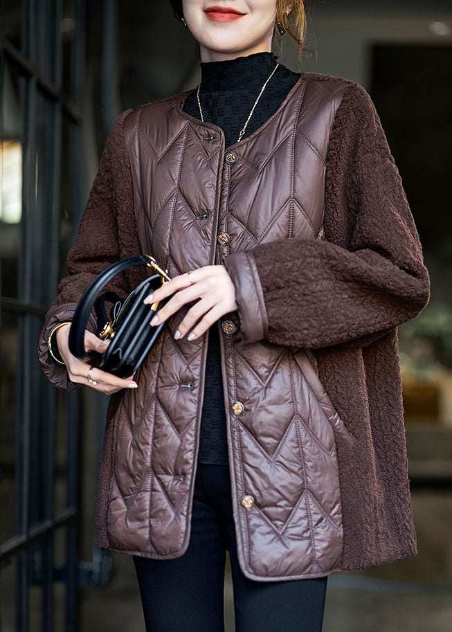 Chocolate Teddy Faux Fur Patchwork Fine Cotton Filled Puffer Jacket Winter