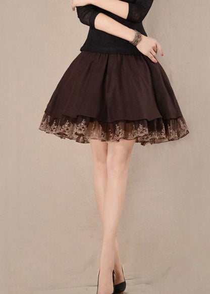 Chocolate Tulle Patchwork High Waist Woolen a Line Skirts Winter