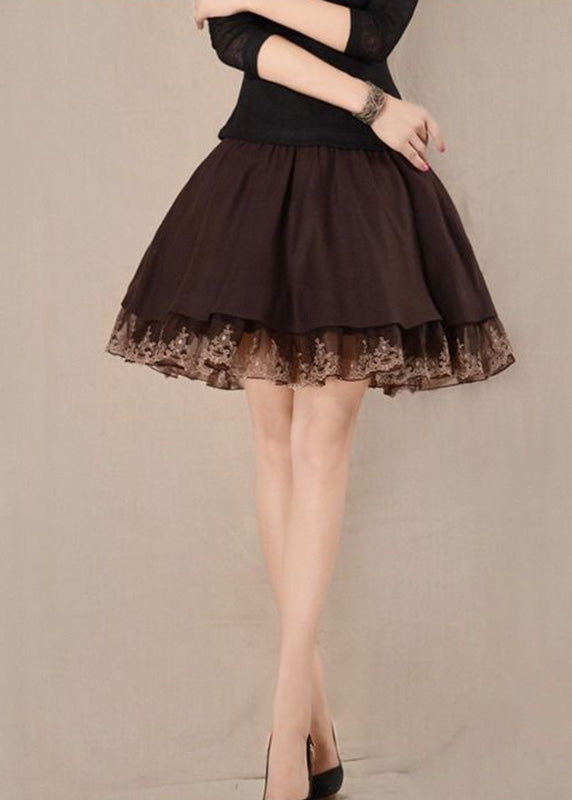 Chocolate Tulle Patchwork High Waist Woolen a Line Skirts Winter