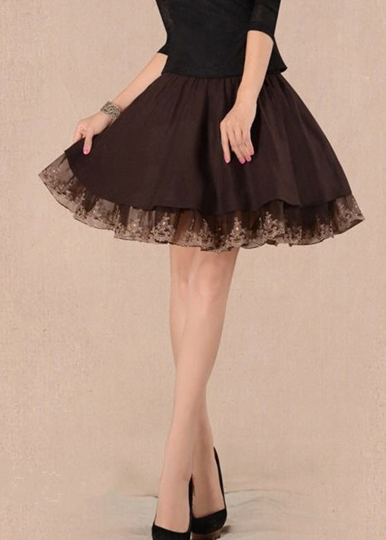 Chocolate Tulle Patchwork High Waist Woolen a Line Skirts Winter
