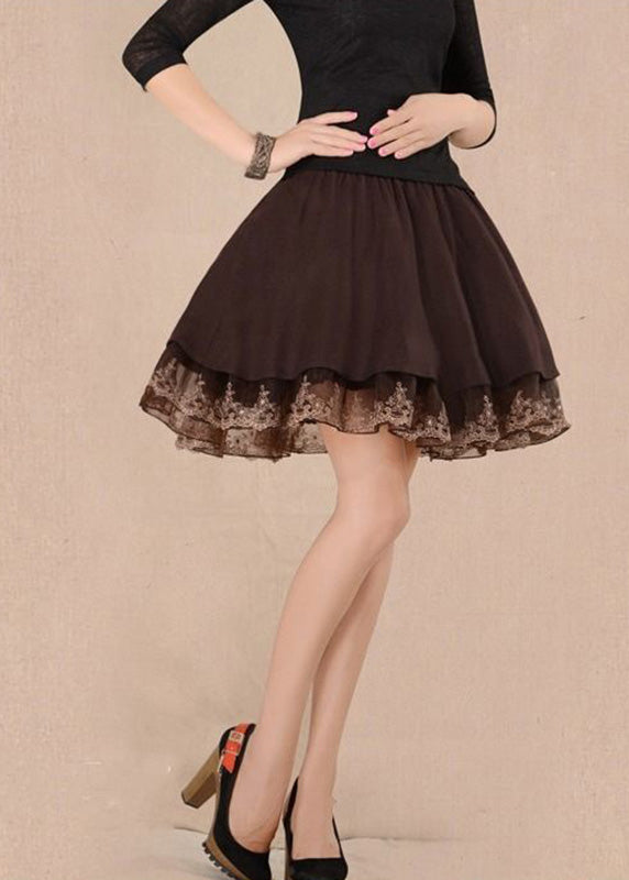 Chocolate Tulle Patchwork High Waist Woolen a Line Skirts Winter