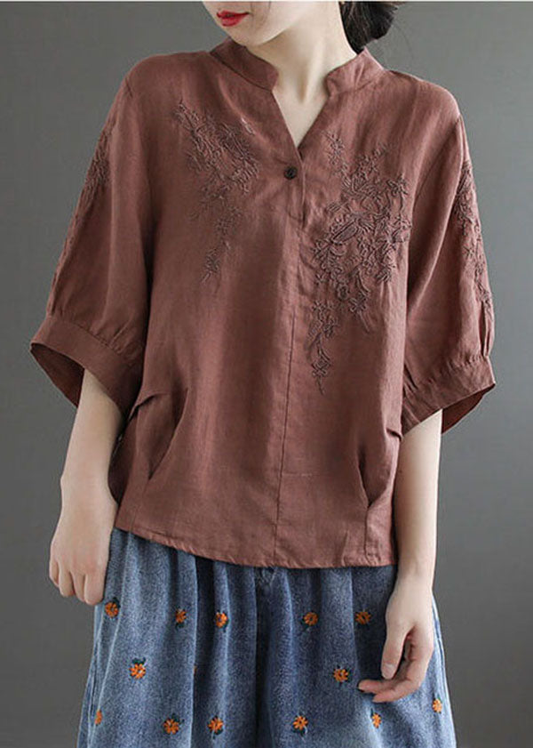 Chocolate V Neck Embroideried Wrinkled Linen Blouse Top Lantern Sleeve