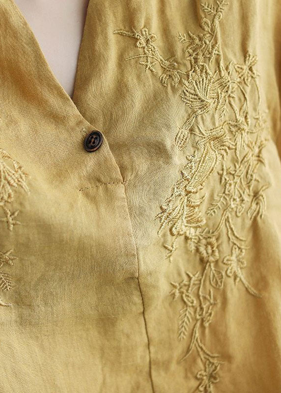 Chocolate V Neck Embroideried Wrinkled Linen Blouse Top Lantern Sleeve