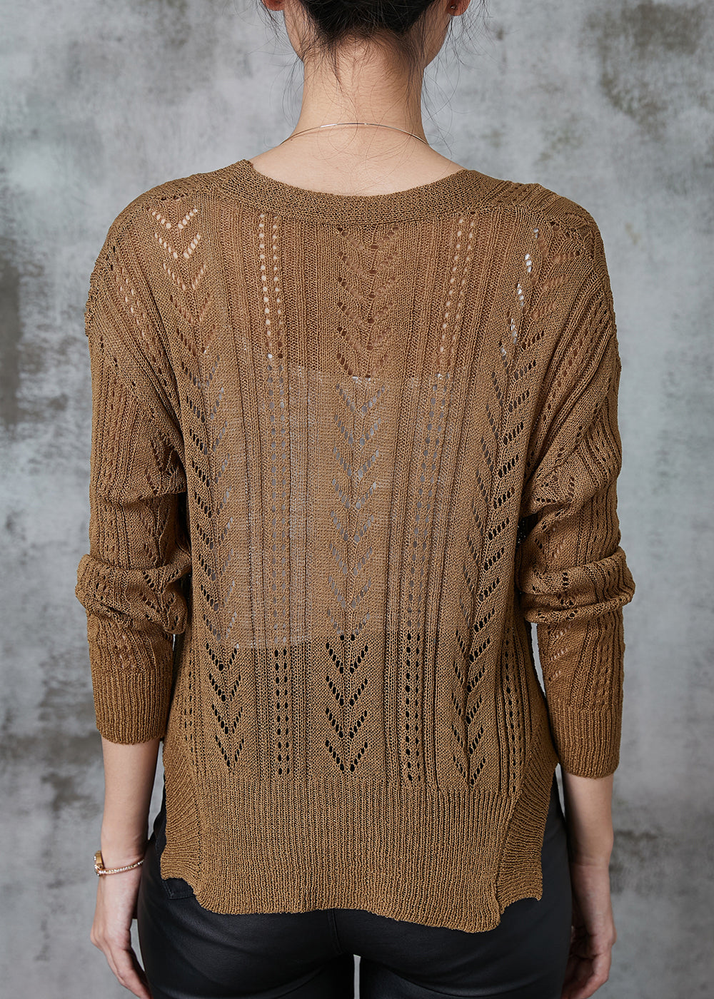 Coffee V Neck Hollow Out Knit Cardigans Spring
