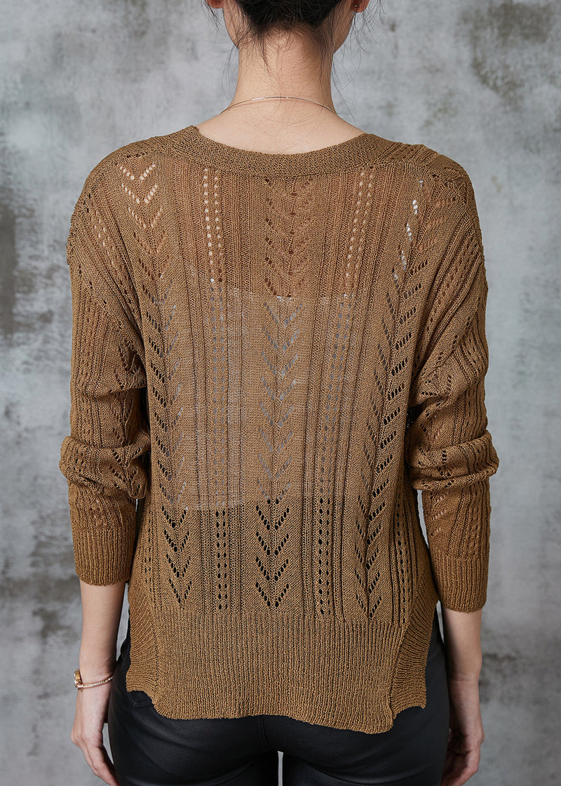 Coffee V Neck Hollow Out Knit Cardigans Spring