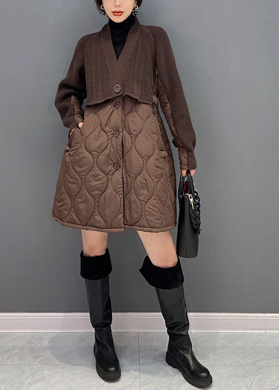 Chocolate V Neck Knit Patchwork Cotton Filled Coats Winter