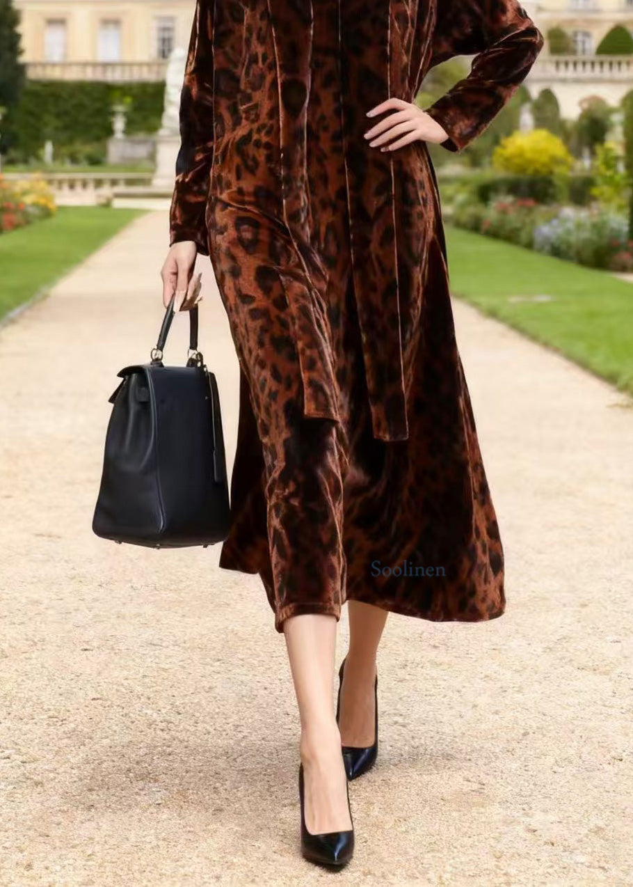 Coffee V Neck Leopard Print Velvet Dresses Spring