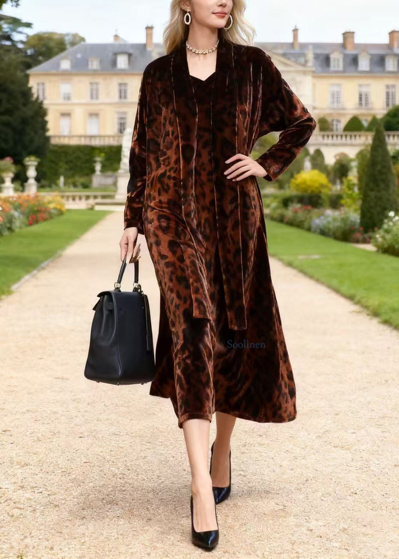 Coffee V Neck Leopard Print Velvet Dresses Spring