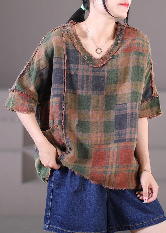 Chocolate V Neck Patchwork Plaid Cotton Linen Tops Short Sleeve