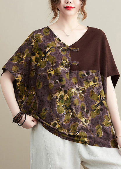 Chocolate V Neck Patchwork Print Oriental Button Cotton Tops Short Sleeve
