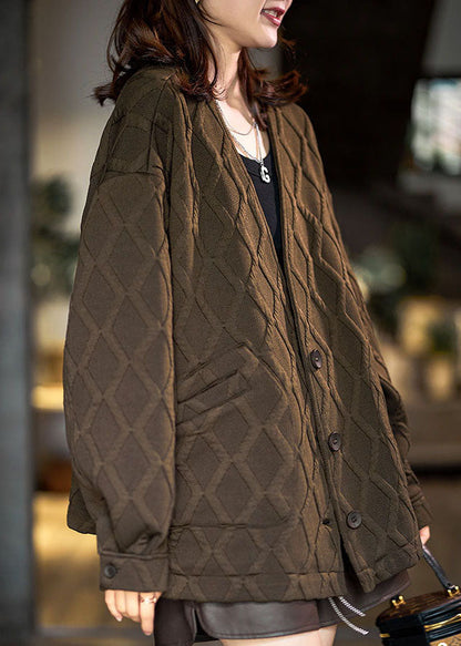 Chocolate V Neck Pockets Drawstring Cotton Coats Fall