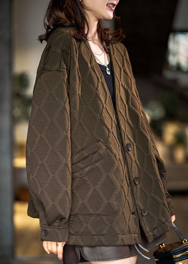 Chocolate V Neck Pockets Drawstring Cotton Coats Fall