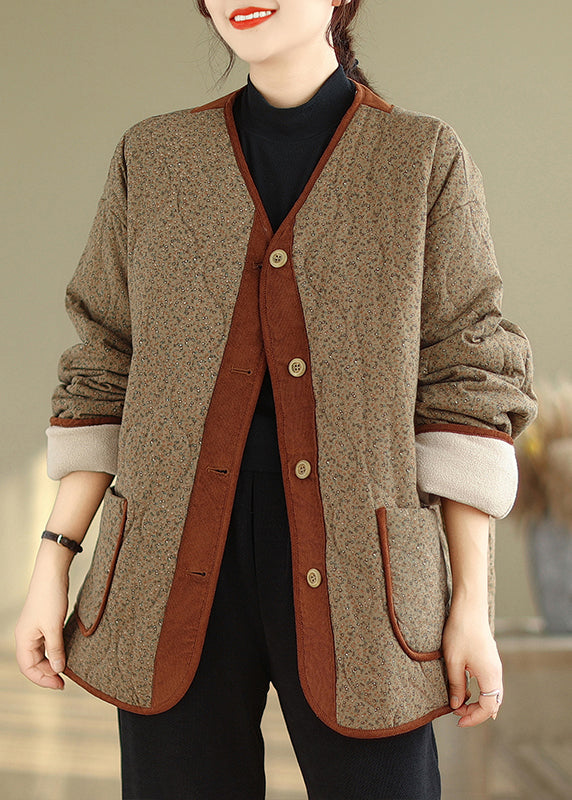Coffee V Neck Pockets Print Warm Fleece Jackets Winter