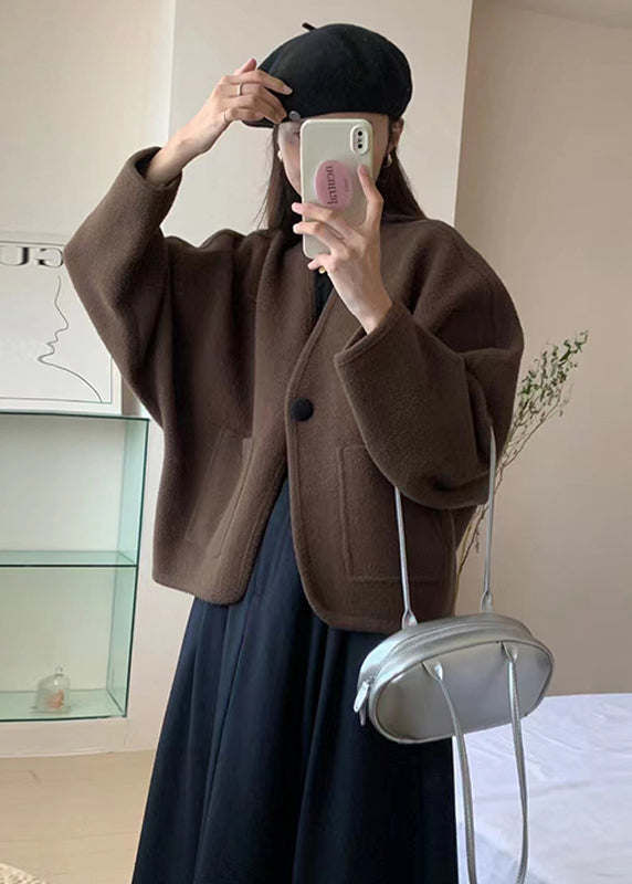 Coffee V Neck Pockets Woolen Short Coat Winter