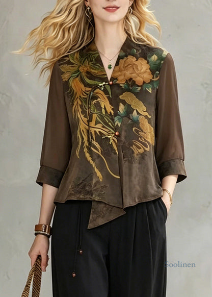 Coffee V Neck Print Chiffon Tops and Crop Pants Fall