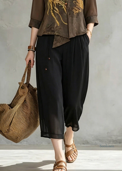 Coffee V Neck Print Chiffon Tops and Crop Pants Fall