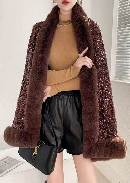 Coffee V Neck Sequins Patchwork Warm Fleece Coat Batwing Sleeve