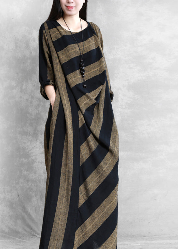 Coffee Yellow Striped Patchwork Long Dress Long Sleeve