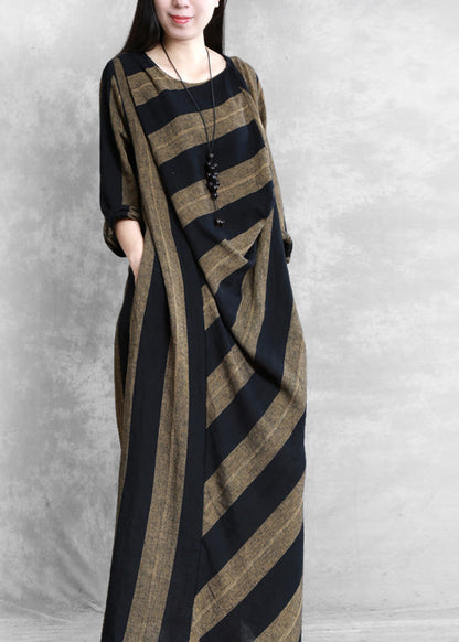 Coffee Yellow Striped Patchwork Long Dress Long Sleeve