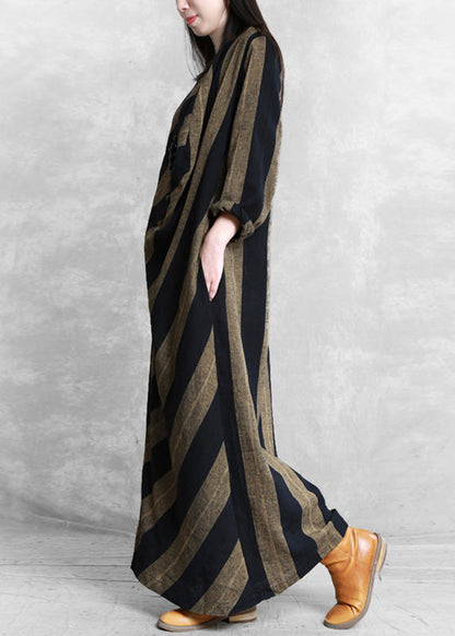 Coffee Yellow Striped Patchwork Long Dress Long Sleeve