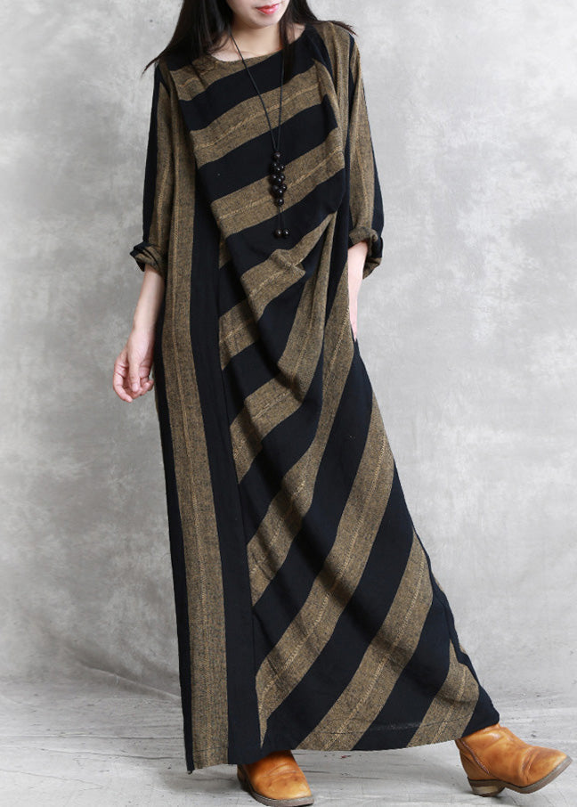 Coffee Yellow Striped Patchwork Long Dress Long Sleeve