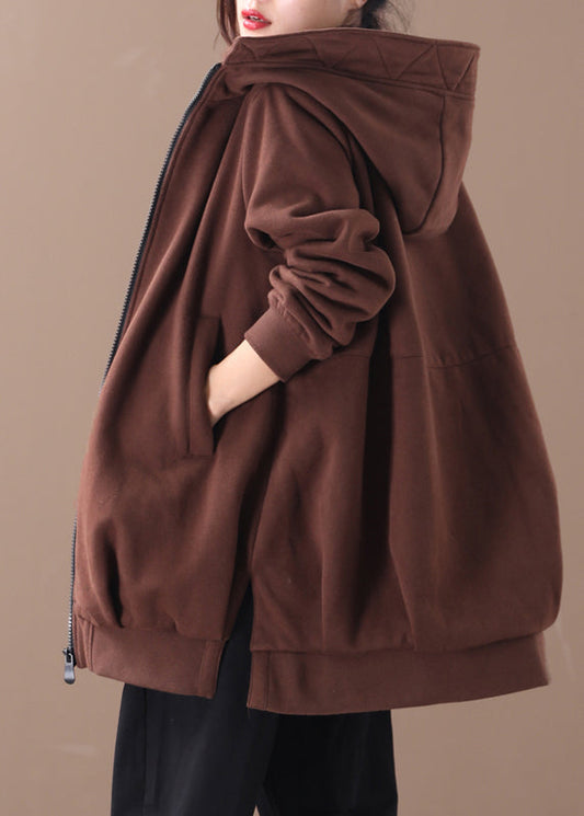 Chocolate Zippered Low High Design Hooded Coats Long Sleeve