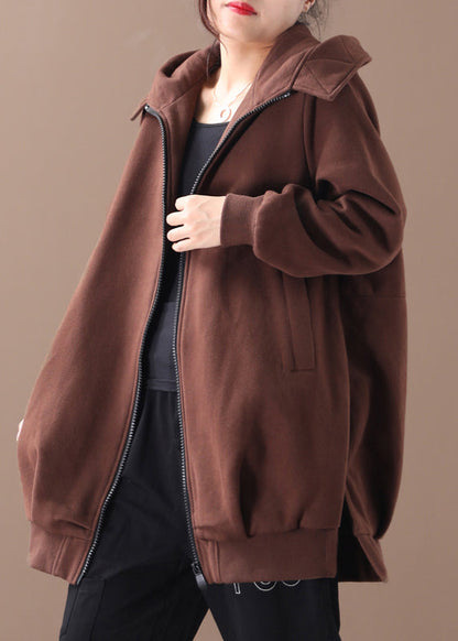 Chocolate Zippered Low High Design Hooded Coats Long Sleeve