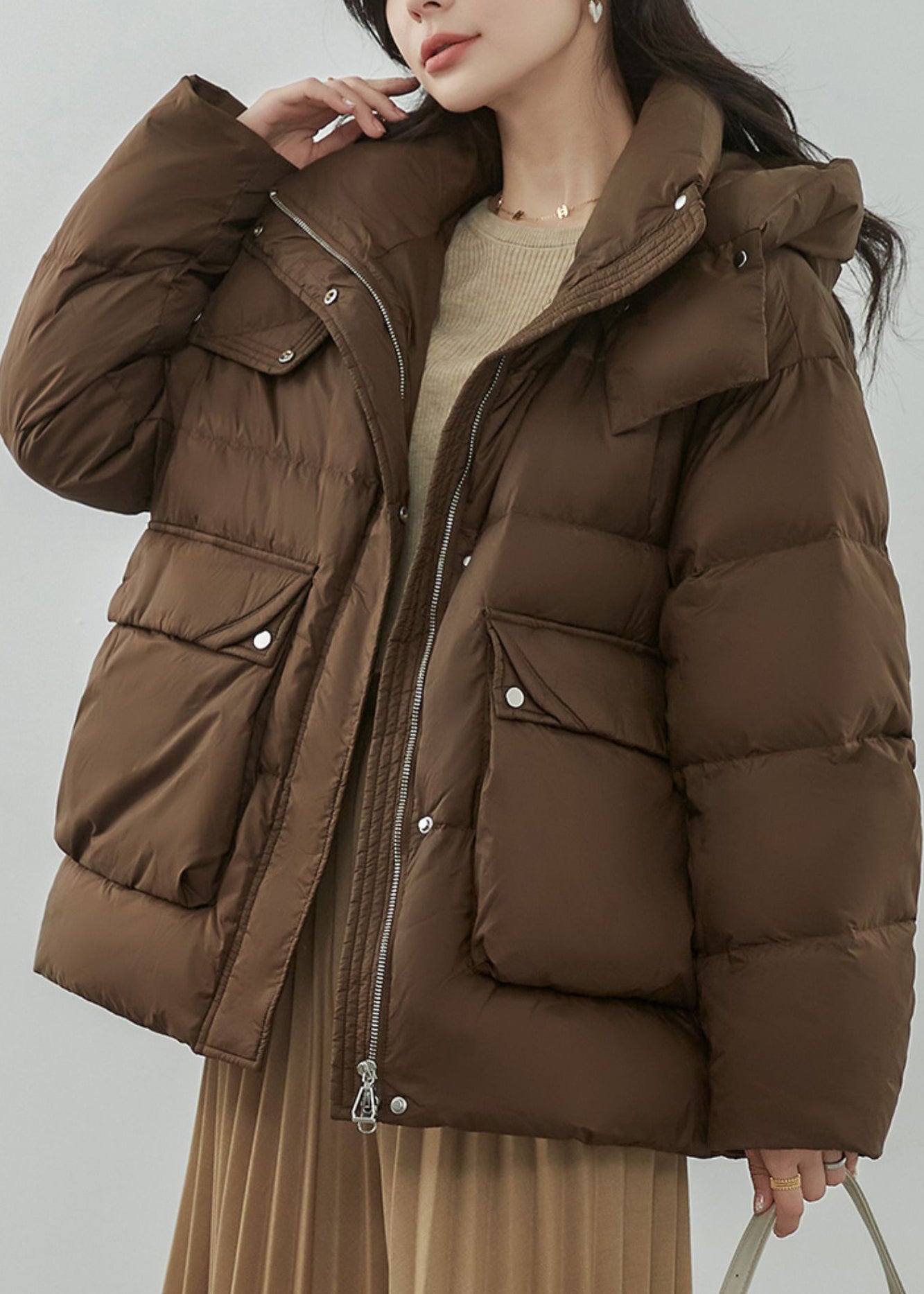 Coffee Zippered Pockets Patchwork Duck Down Coat Winter