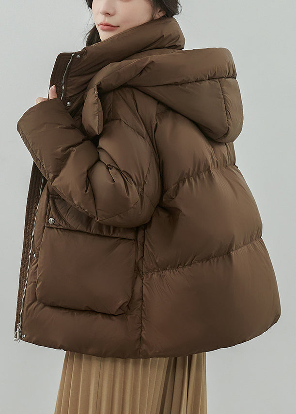 Coffee Zippered Pockets Patchwork Duck Down Coat Winter