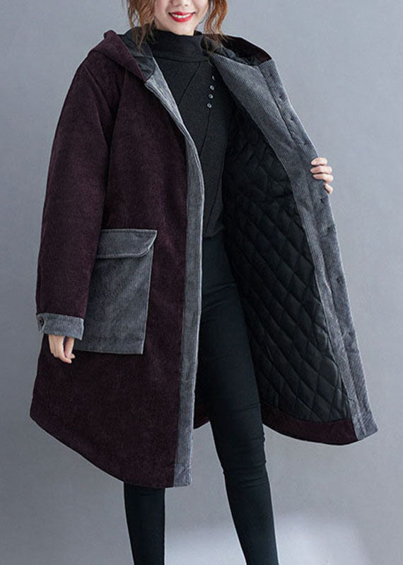 Red Hooded Button Corduroy Winter Cotton Long Coat Sleeve