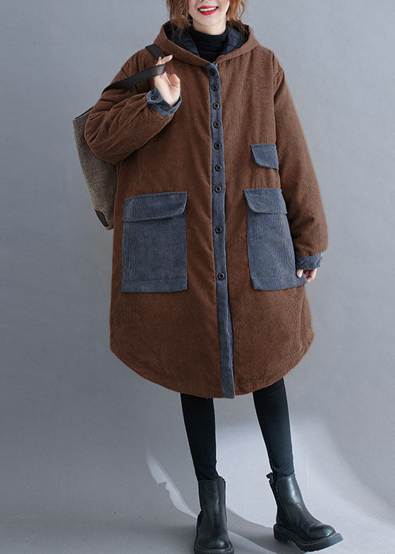 Chocolate Hooded Pockets Winter Jackets Cotton Thick Coats