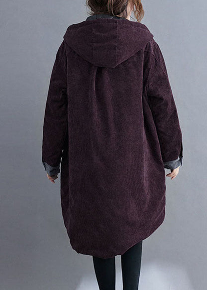 Red Hooded Button Corduroy Winter Cotton Long Coat Sleeve