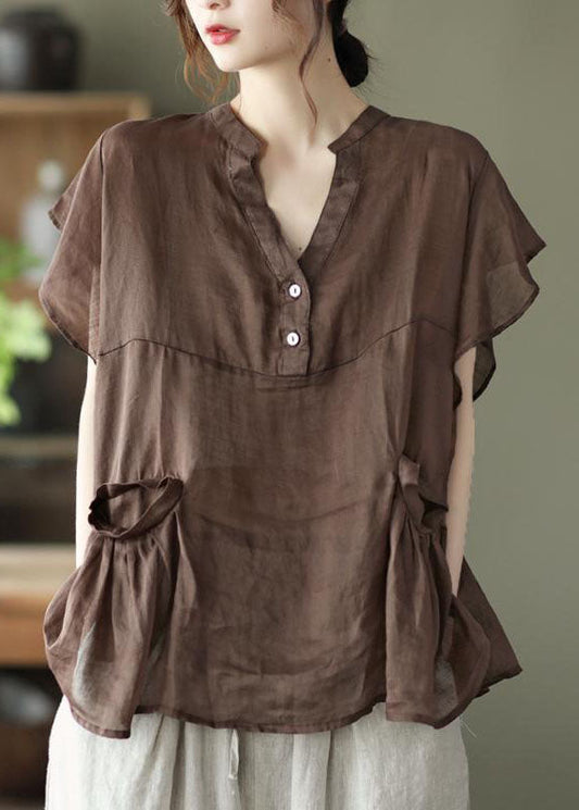 Chocolate Retro Loose Pockets Fall Shirt Tops Short Sleeve