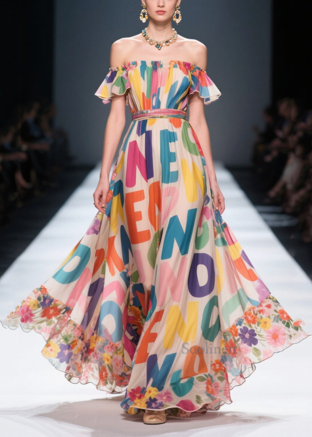 Cold Shoulder Letter Print Chiffon Beach Dresses Summer