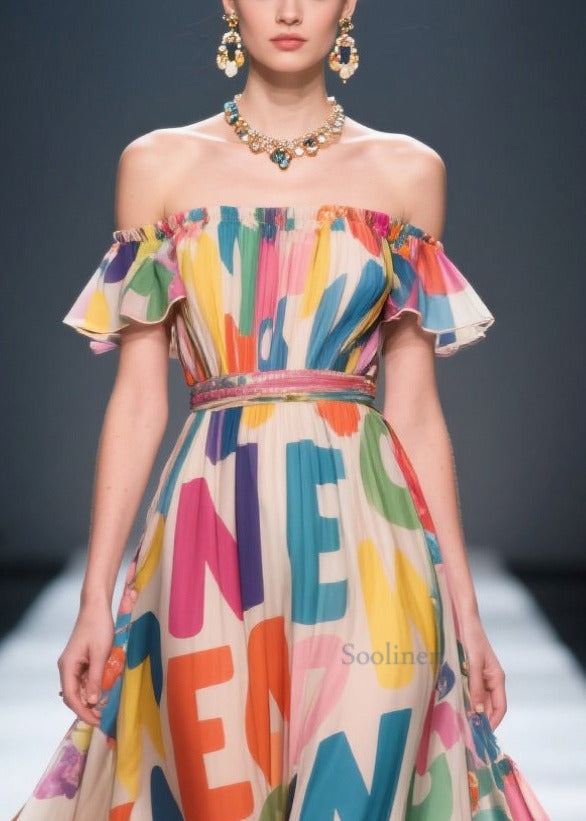 Cold Shoulder Letter Print Chiffon Beach Dresses Summer