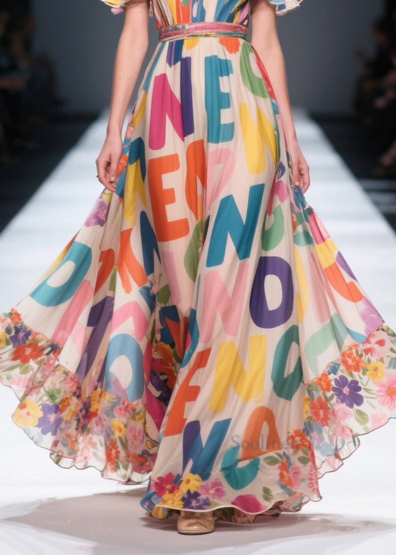 Cold Shoulder Letter Print Chiffon Beach Dresses Summer