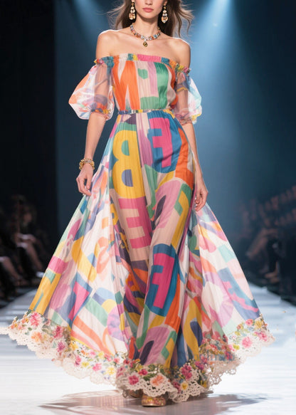 Cold Shoulder Letter Print Chiffon Vacation Dress Summer