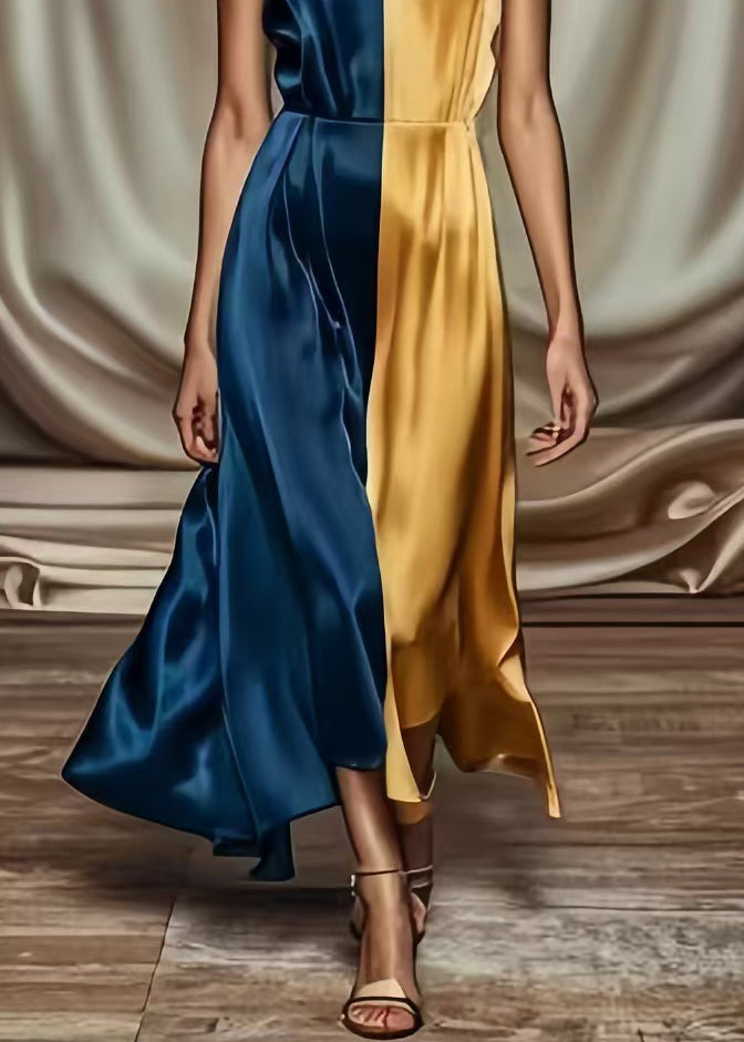 Colorblock Asymmetrical Patchwork Draping Silk Long Dress Summer
