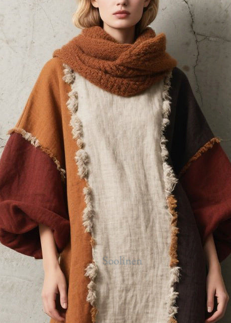 Colorblock Asymmetrical Patchwork Faux Fur Dress Lantern Sleeve