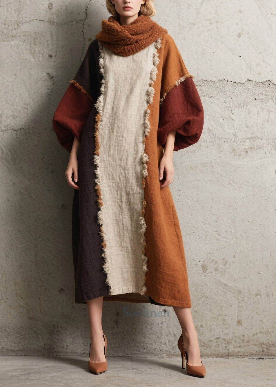 Colorblock Asymmetrical Patchwork Faux Fur Dress Lantern Sleeve