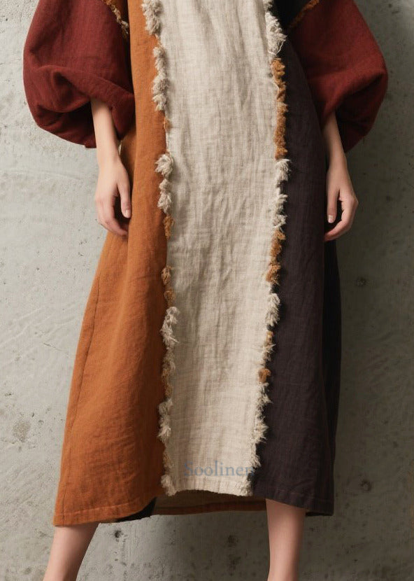 Colorblock Asymmetrical Patchwork Faux Fur Dress Lantern Sleeve