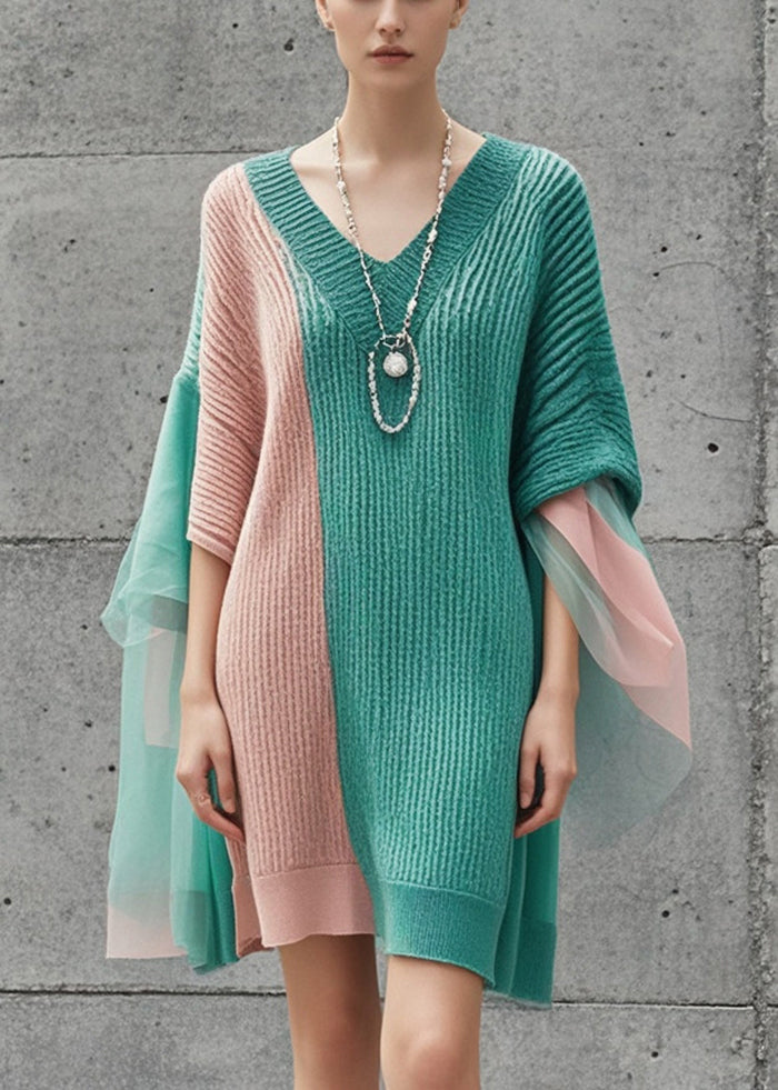Colorblock Asymmetrical Patchwork Knit Sweater Dress Fall