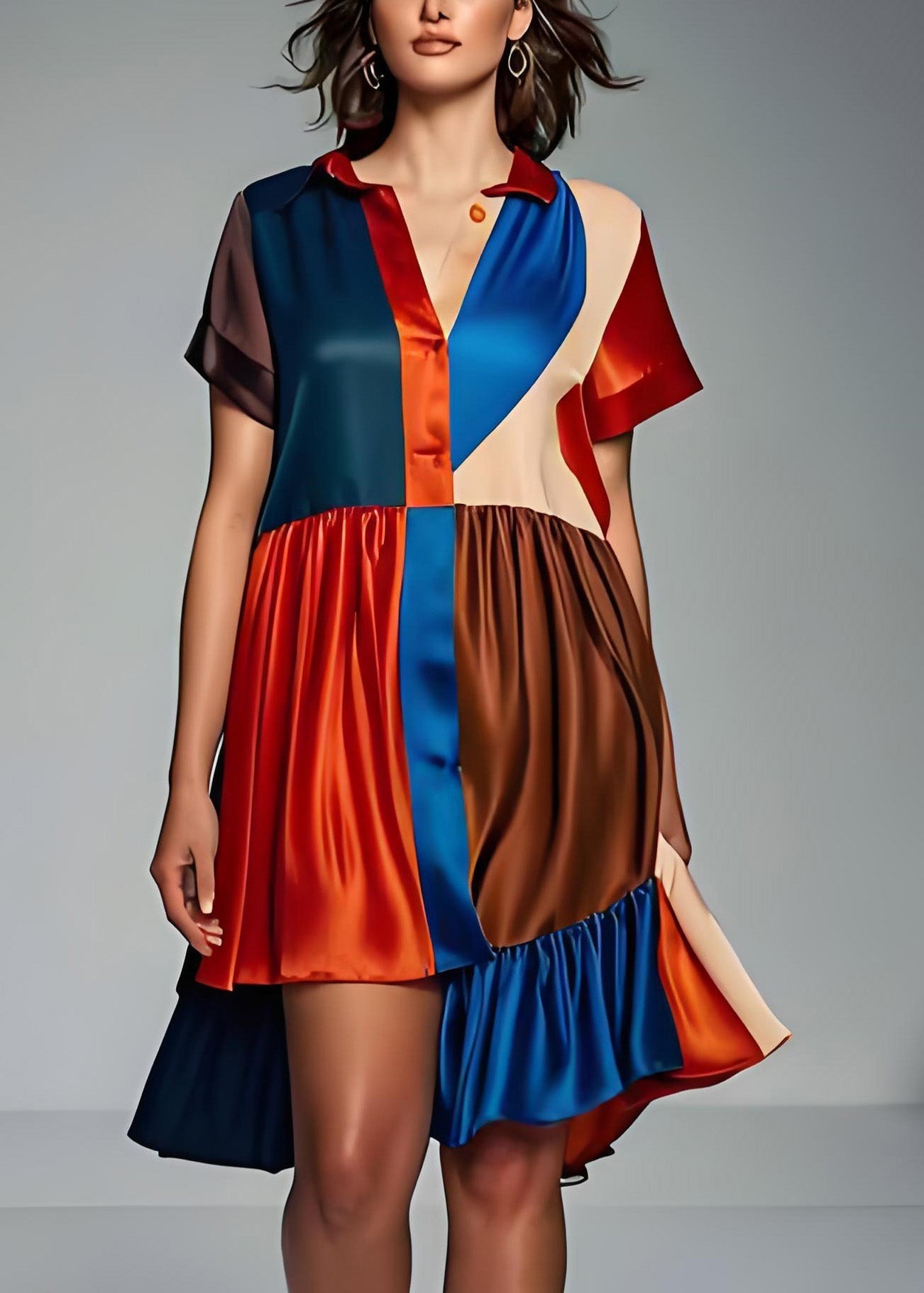 Colorblock Asymmetrical Patchwork Silk Dress Summer