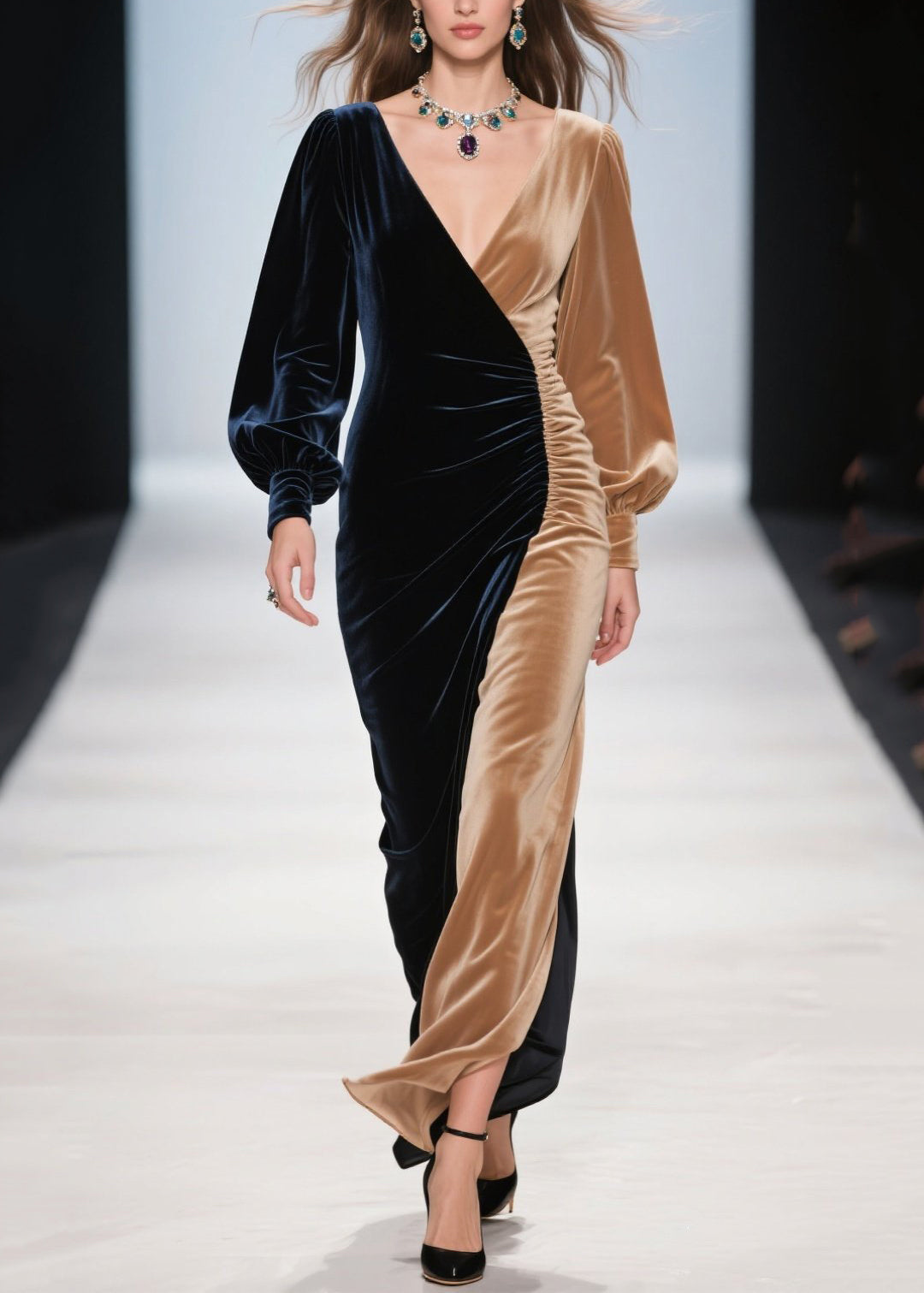 Colorblock Asymmetrical Patchwork Silk Velvet Dinner Dress Spring