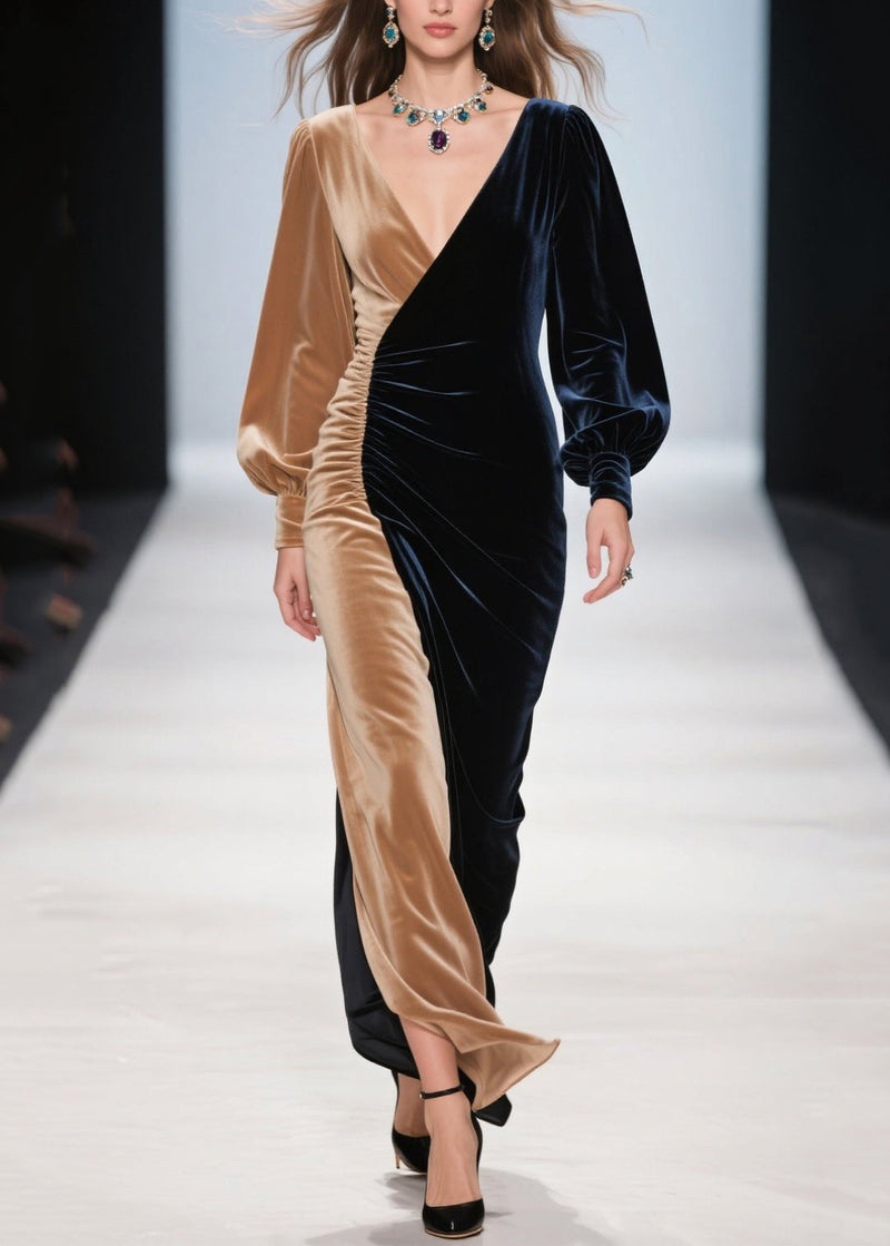 Colorblock Asymmetrical Patchwork Silk Velvet Dinner Dress Spring