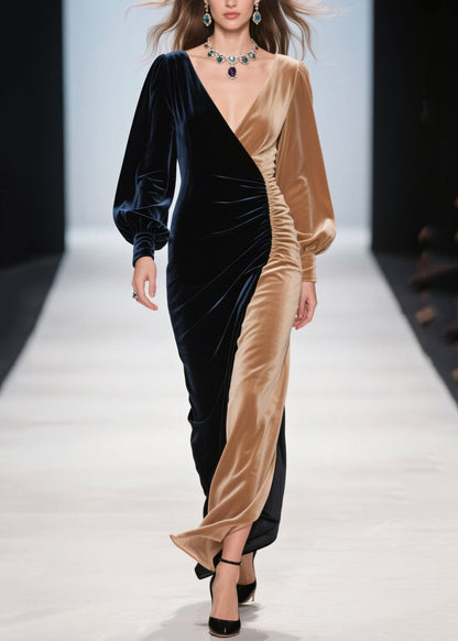 Colorblock Asymmetrical Patchwork Silk Velvet Dinner Dress Spring
