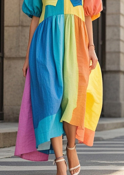 Colorblock Asymmetrical Patchwork Wrinkled Cotton Vacation Dresses Summer