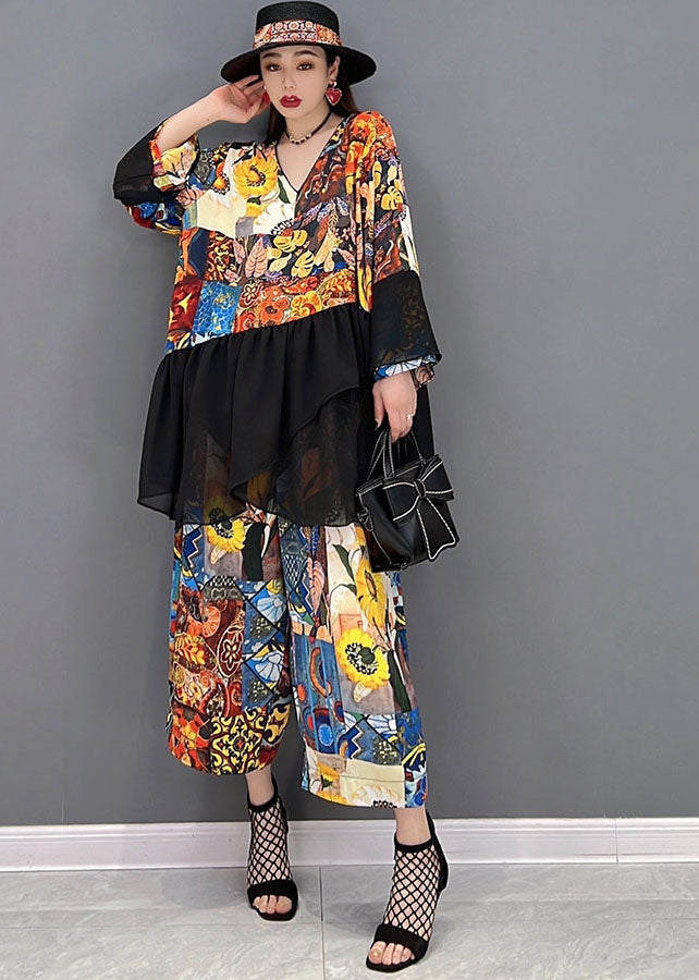 Colorblock Asymmetrical Print Tulle Patchwork Tops and Pants Two Piece Set Clothing Long Sleeve